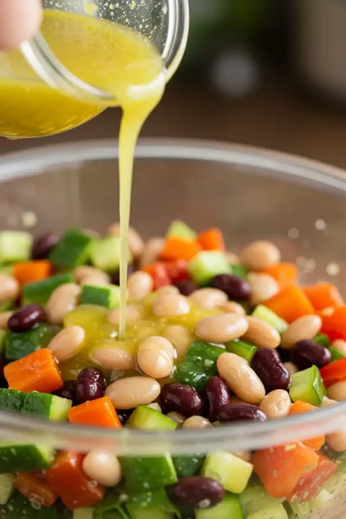 Adding lemon olive oil dressing to dense bean salad