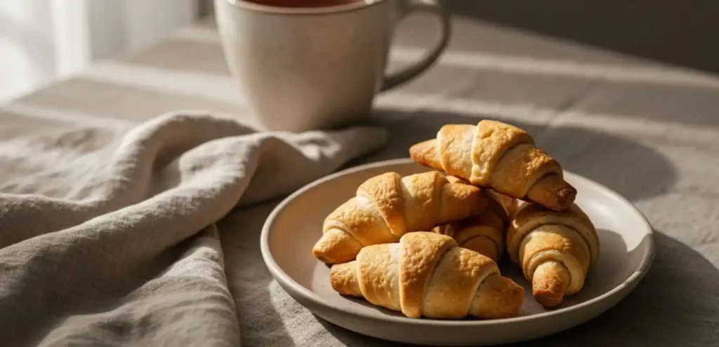 Rice paper croissants served with tea on a ceramic plate