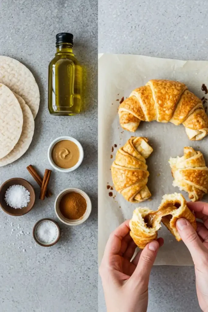 Ingredients and step-by-step view of making rice paper croissants with nut butter filling
