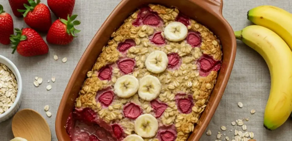 Strawberry Banana Baked Oatmeal in rustic baking dish