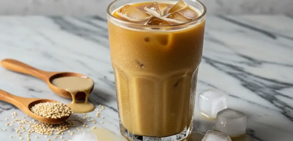 Tahini iced coffee with ice and tahini swirl