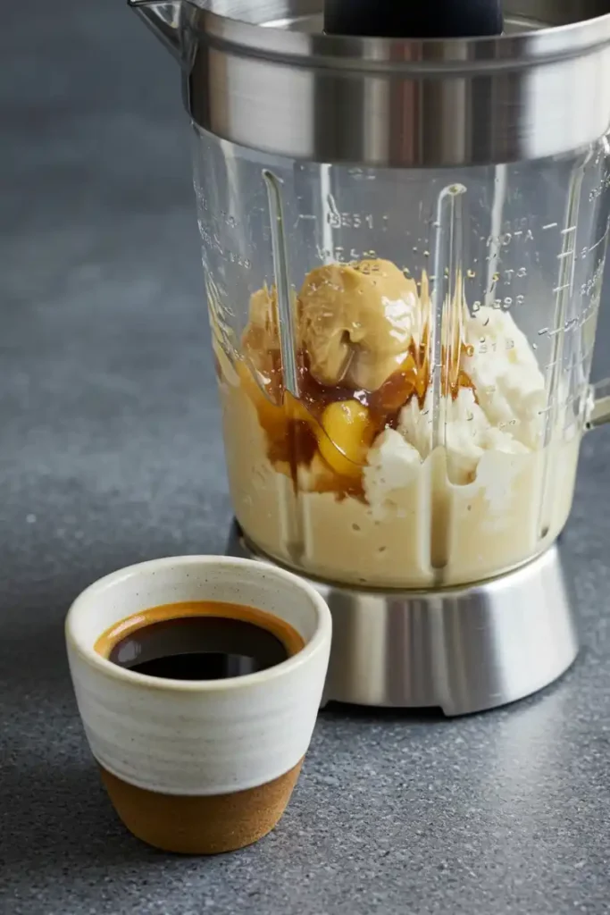 Mixing tahini and espresso in a blender