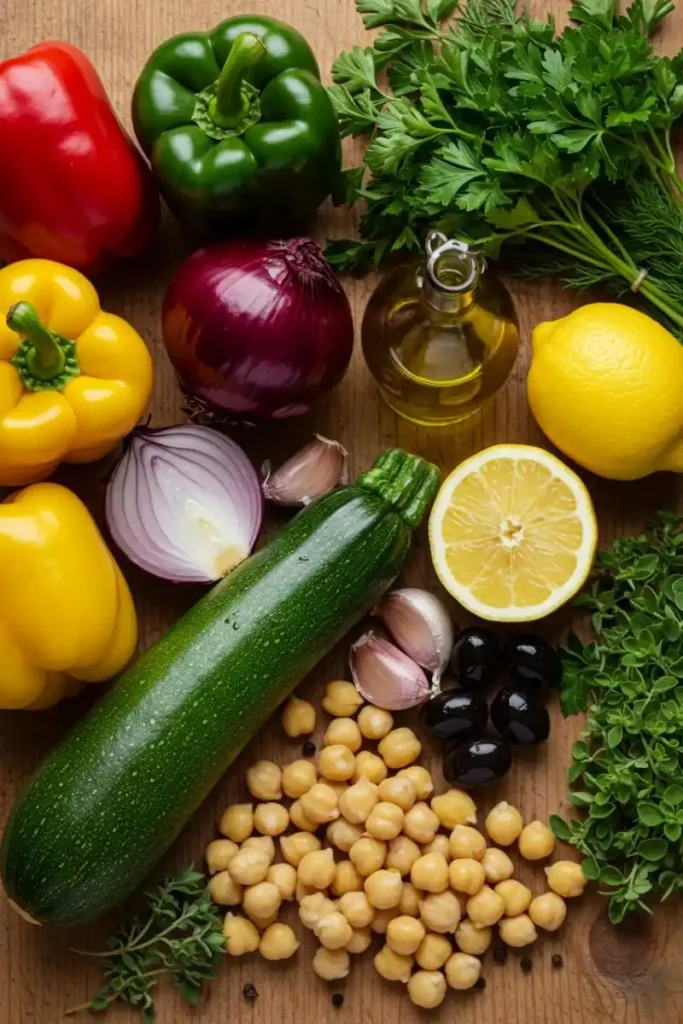 Mediterranean vegetables and ingredients for vegan sheet pan dinner