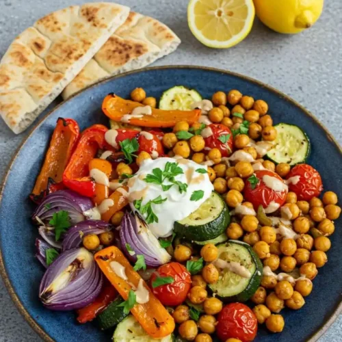 Served vegan Greek sheet pan dinner with tahini and parsley