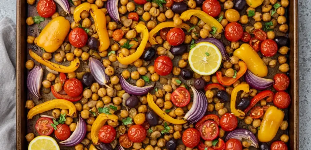 egan Greek Sheet Pan Dinner on rustic baking tray