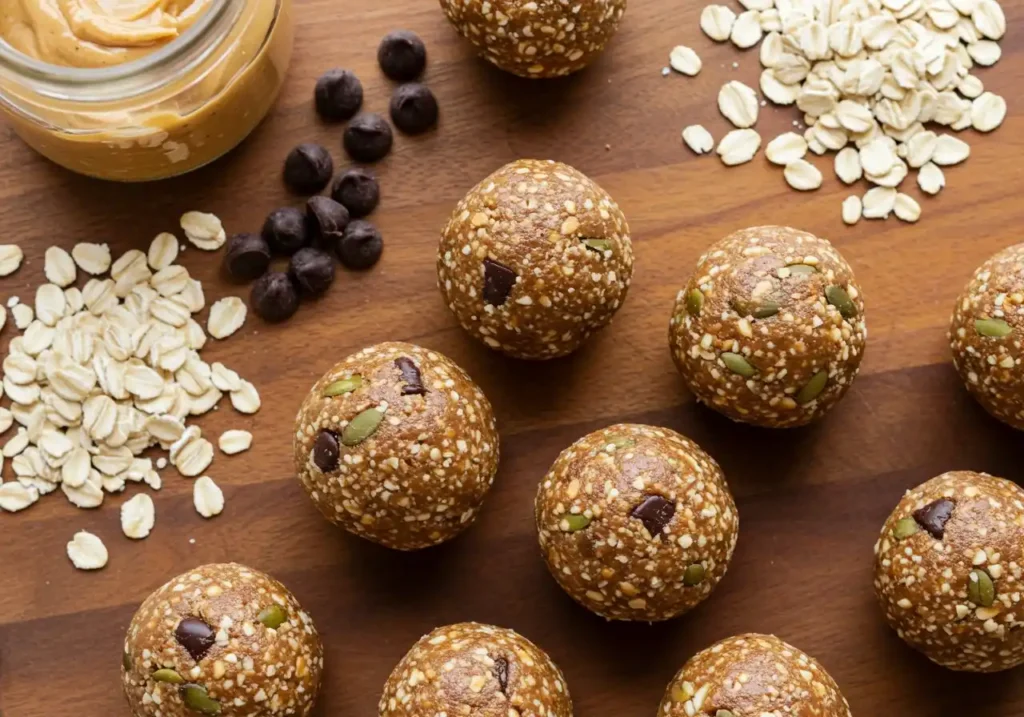 Text: gluten free energy bites recipe on wooden board