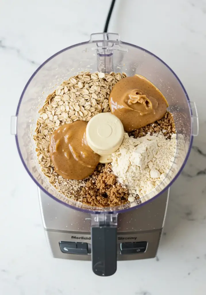 gluten free oats peanut butter and protein powder in food processor