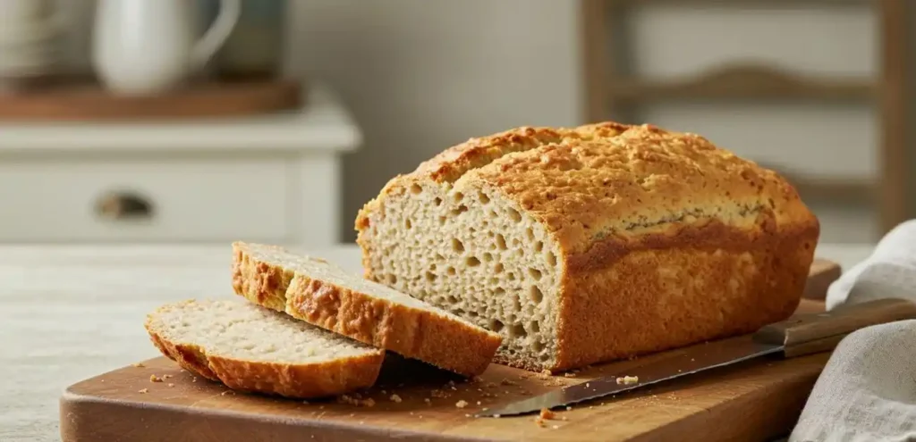 Sliced Greek Yogurt Almond Flour Bread on cutting board