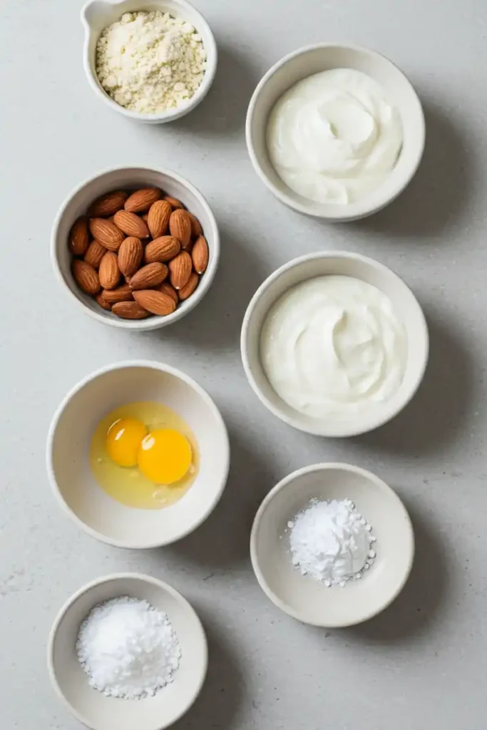 Greek yogurt, almond flour, eggs, and baking powder arranged on kitchen counter