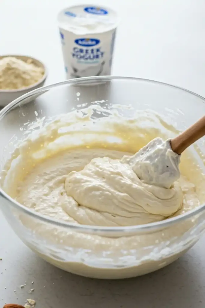 Batter being mixed for Greek Yogurt Almond Flour Bread