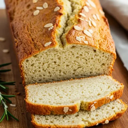 Recipe summary with loaf of Greek Yogurt Almond Flour Bread