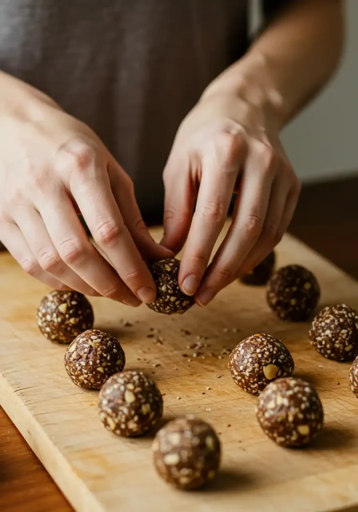 hands rolling gluten free energy bites on wooden board