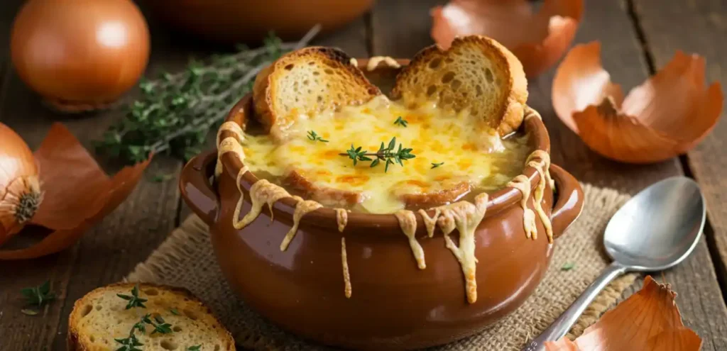 egetarian French onion soup in a rustic bowl