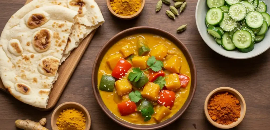 Indian vegetarian curry and cucumber salad dinner
