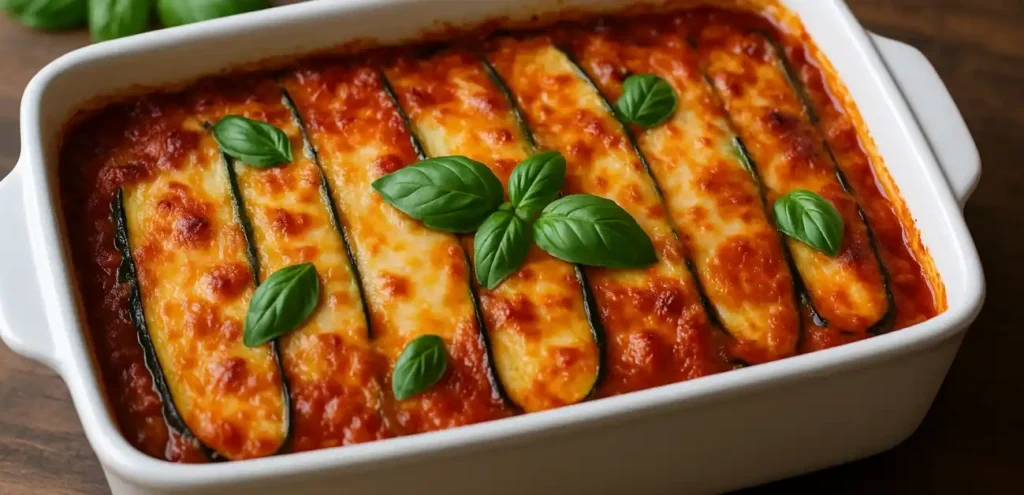 Baked meatless zucchini lasagna in white dish