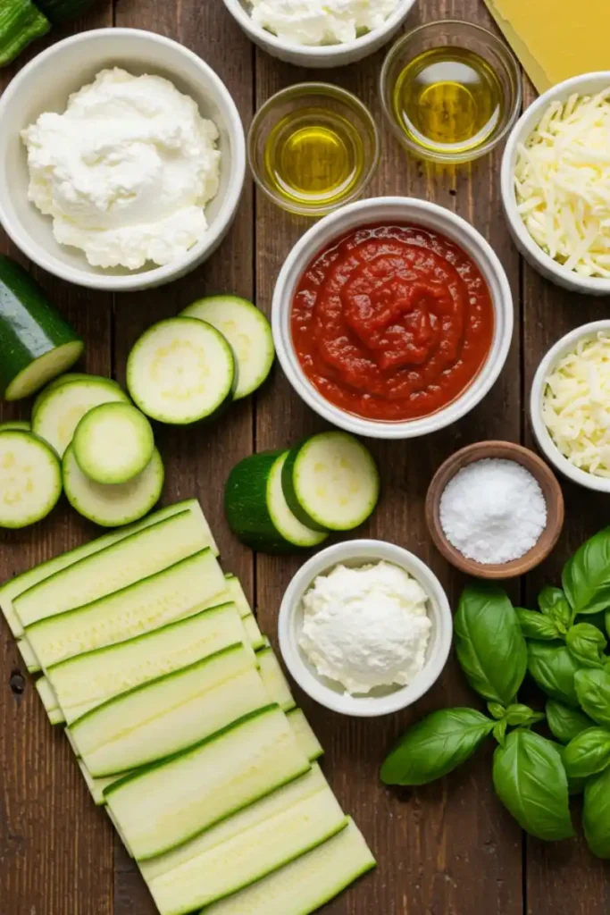 Ingredients for meatless zucchini lasagna laid out