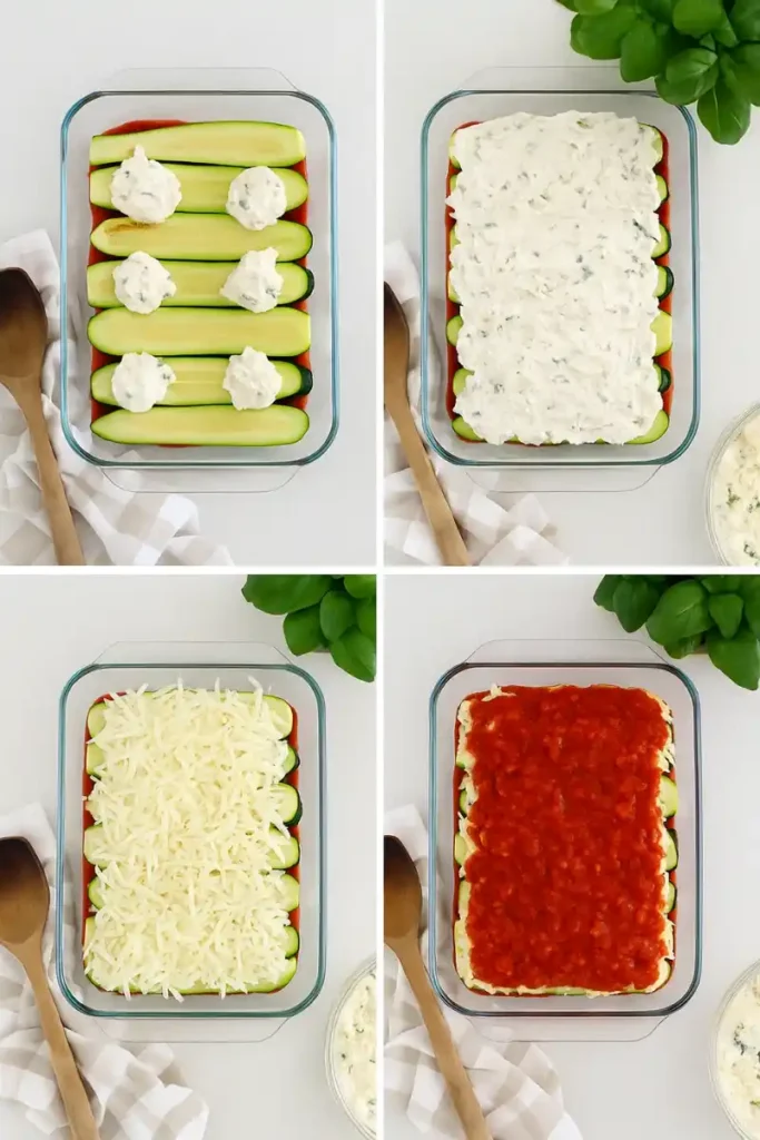 Layering meatless zucchini lasagna with zucchini planks, ricotta, cheese, and marinara