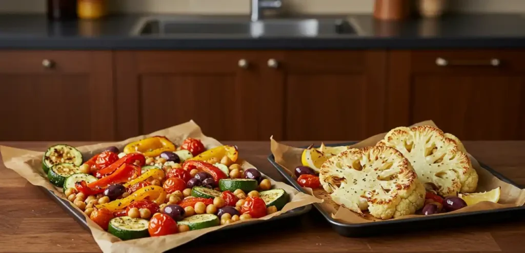 one-pan vegetarian Greek dinner with cauliflower steaks