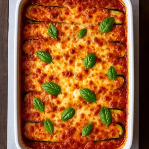 Top view of whole zucchini lasagna baked