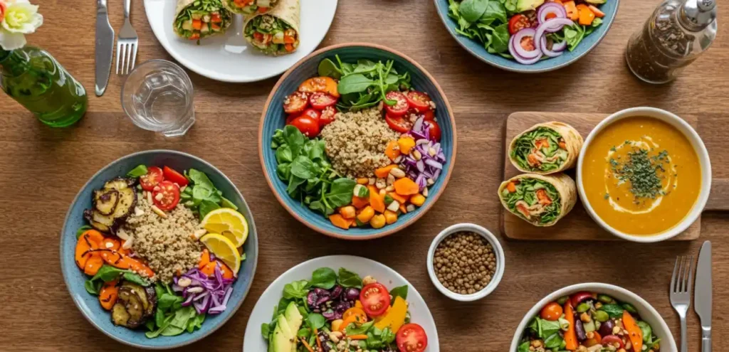 Healthy vegetarian lunch recipes spread with bowls and wraps
