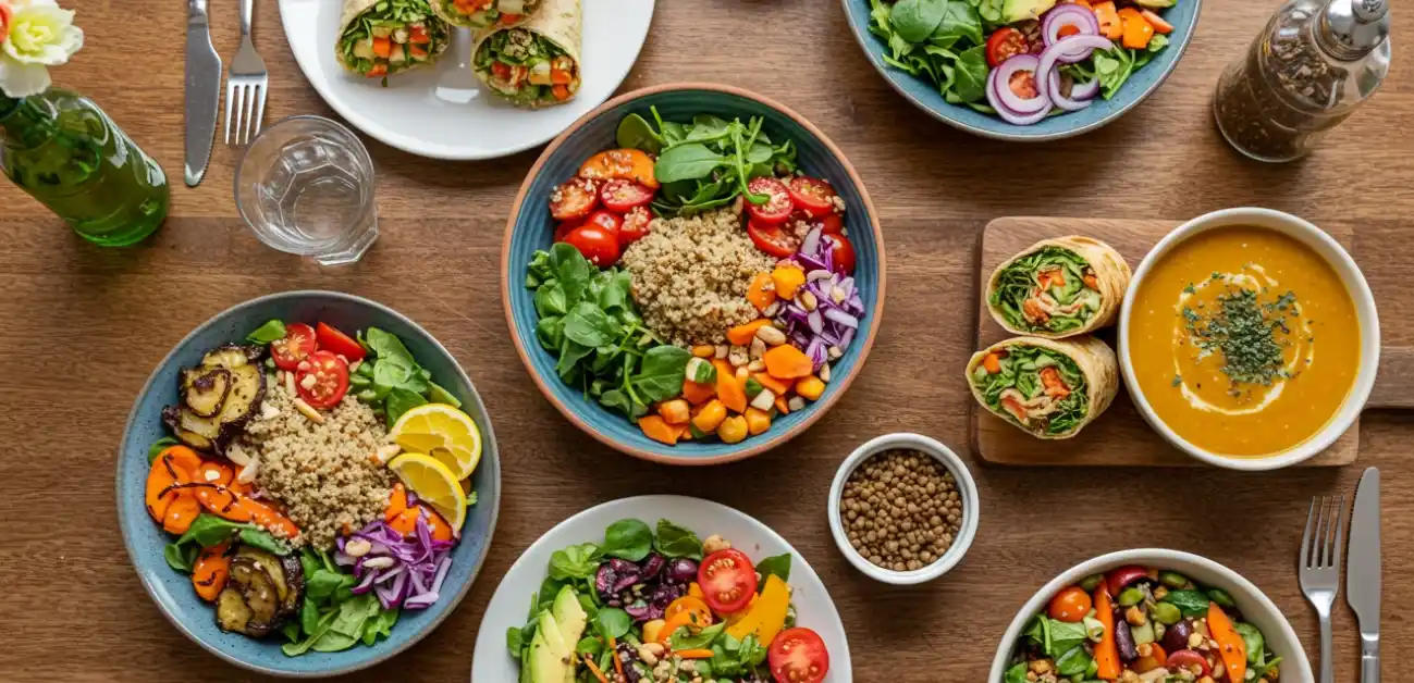 Healthy vegetarian lunch recipes spread with bowls and wraps