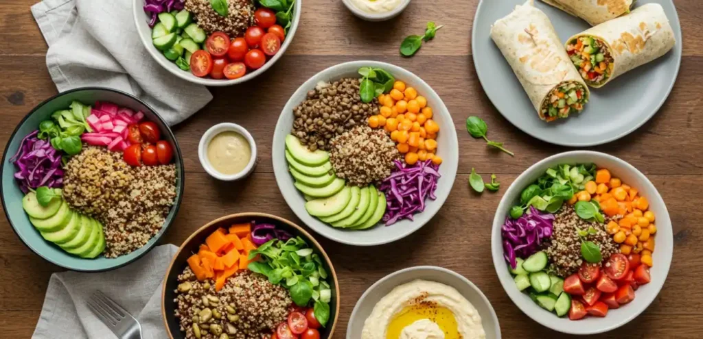 Healthy vegetarian lunch spread with quinoa bowls and wraps