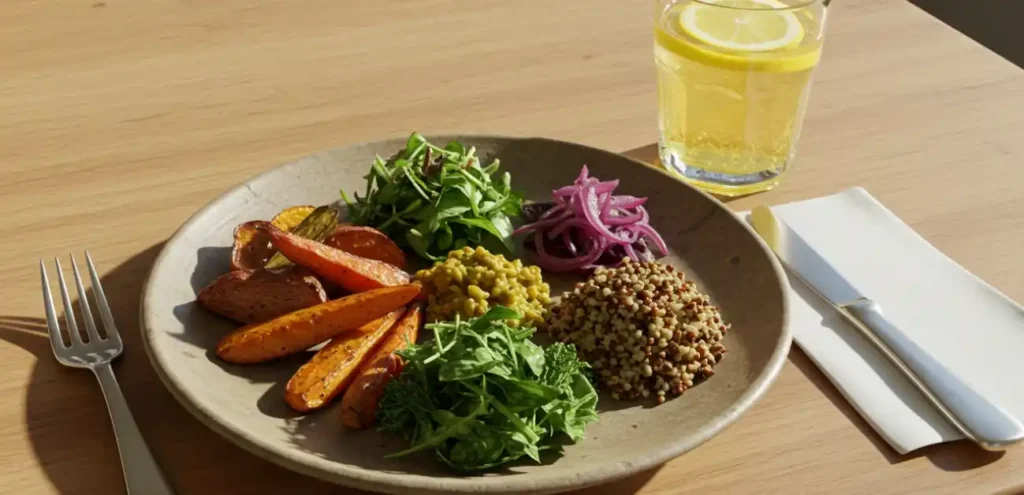 Served healthy vegetarian lunch on a ceramic plate