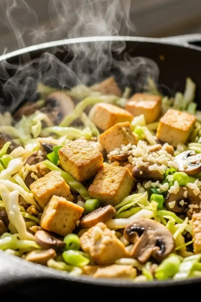 cooking tofu and vegetable dumpling filling