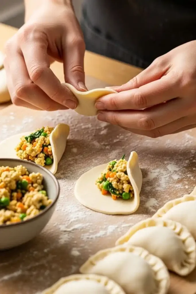 pleating crescent-shaped gluten-free dumpling