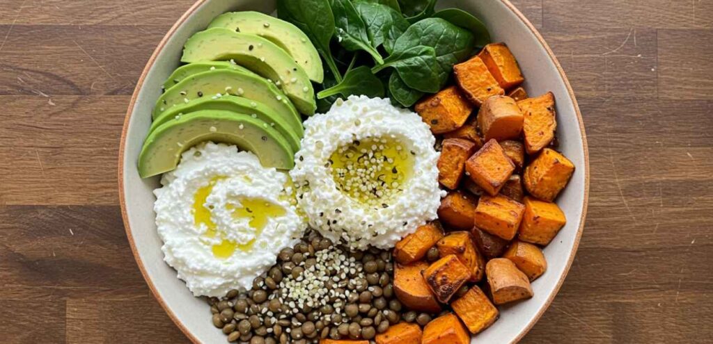 Vegetarian High Protein Breakfast Ideas bowl with lentils and veggies