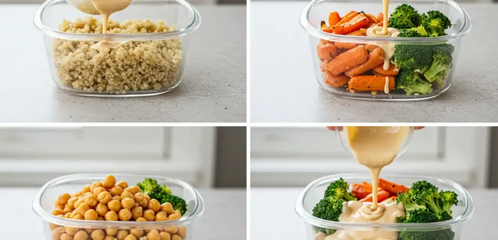 Preparing a vegetarian lunch bowl step by step