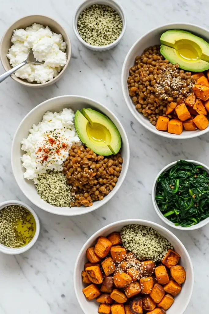 High protein vegetarian breakfast ingredients displayed in bowls