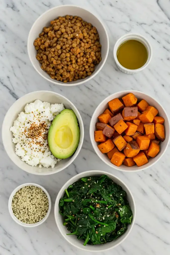 High protein vegetarian breakfast ingredients displayed in bowls