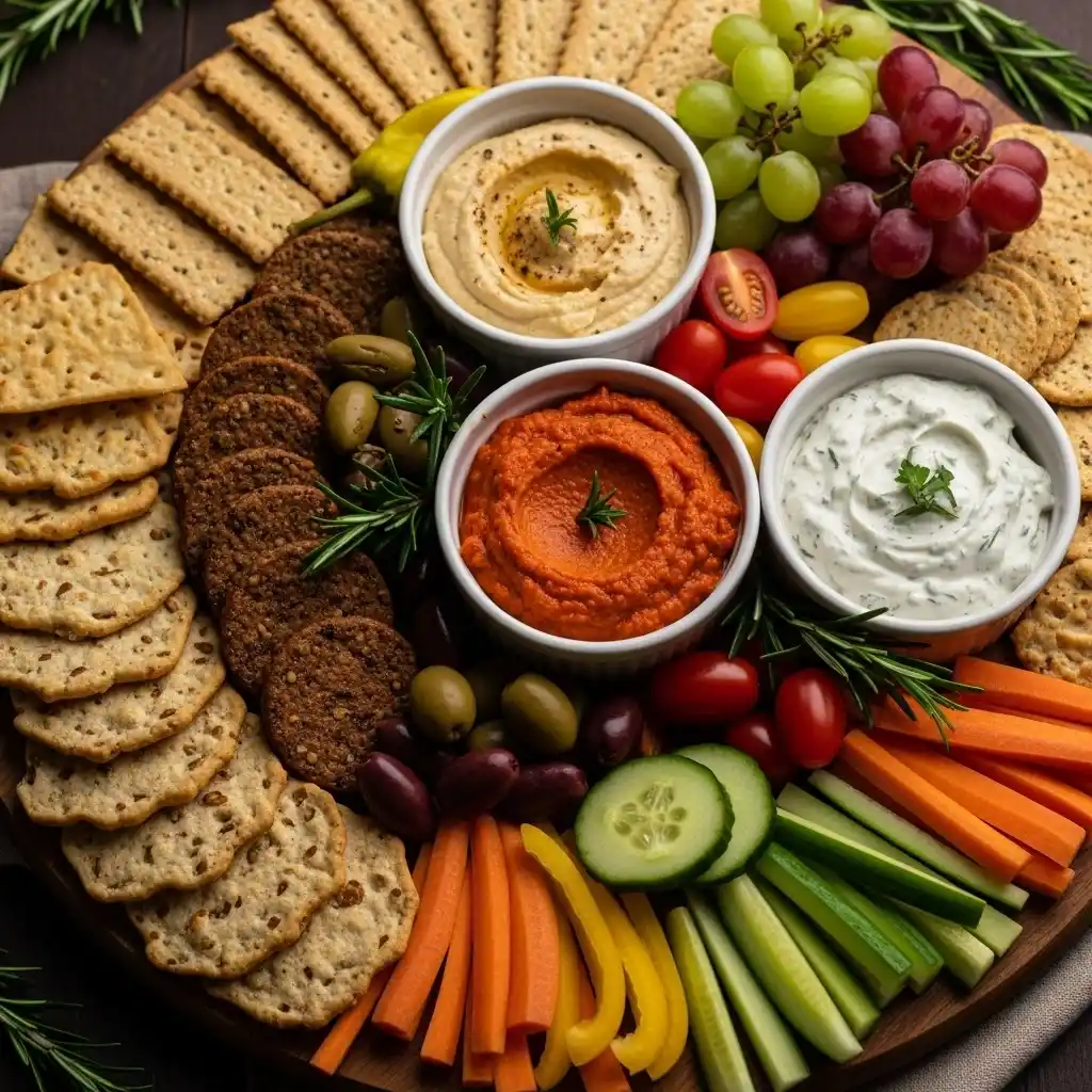 Gluten-free crackers with dips, cheese and veggies