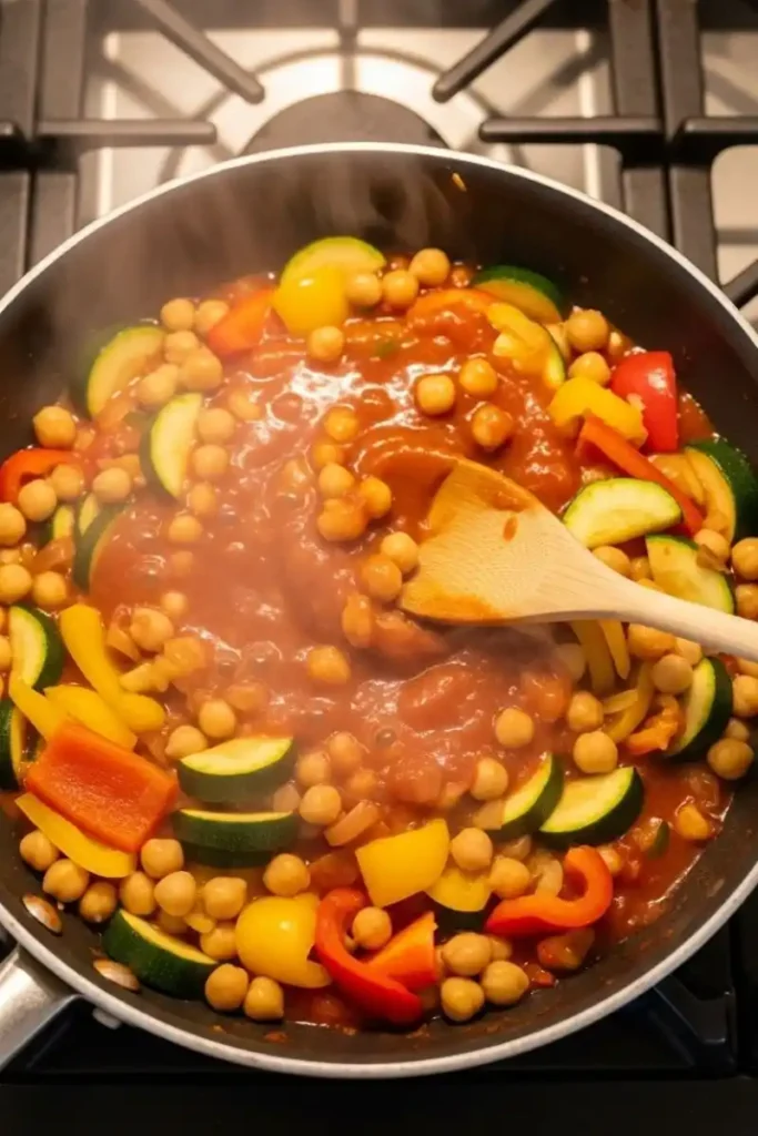 Cooking vegetarian dinner in skillet