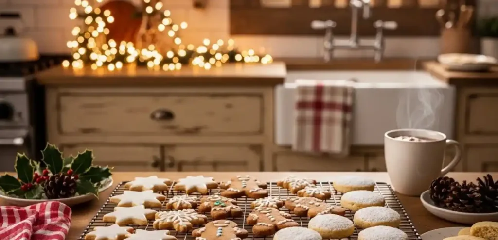 Gluten-free Christmas cookies cooling on rack with festive background