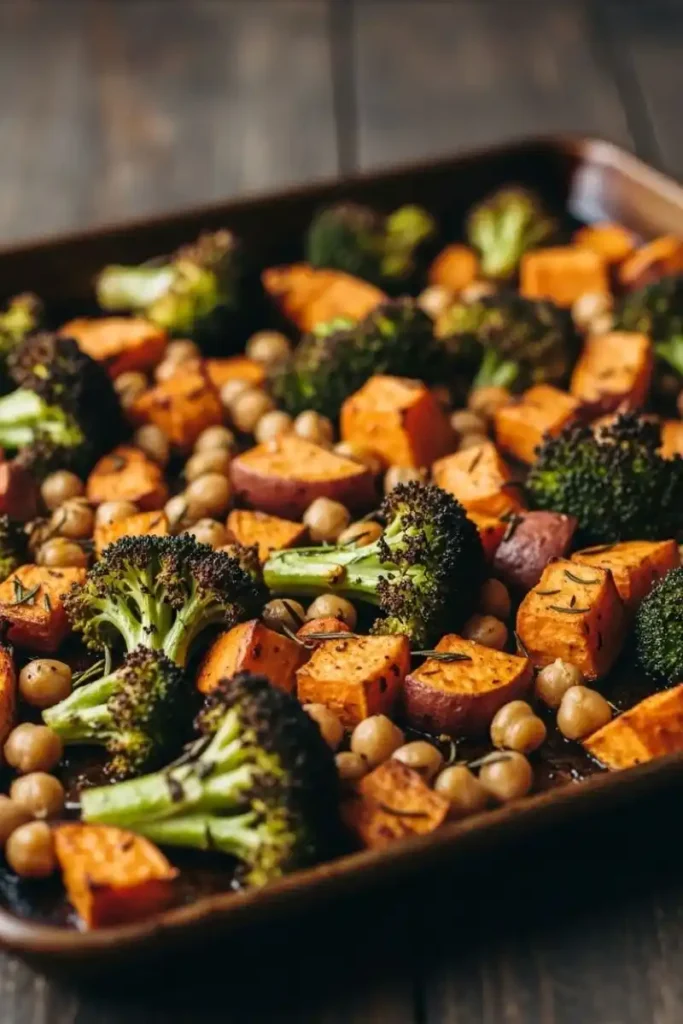 Roasted vegetables and chickpeas on baking sheet