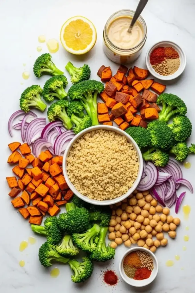 Ingredients for vegetarian lunch bowl