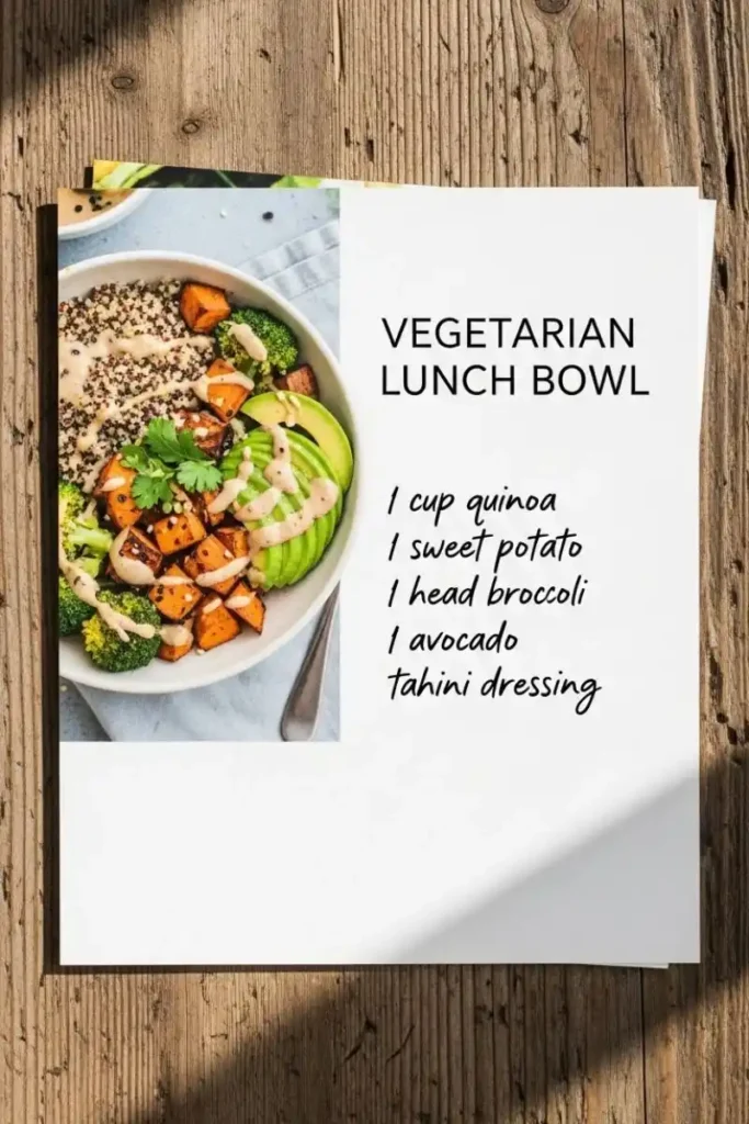 Vegetarian lunch bowl recipe card layout