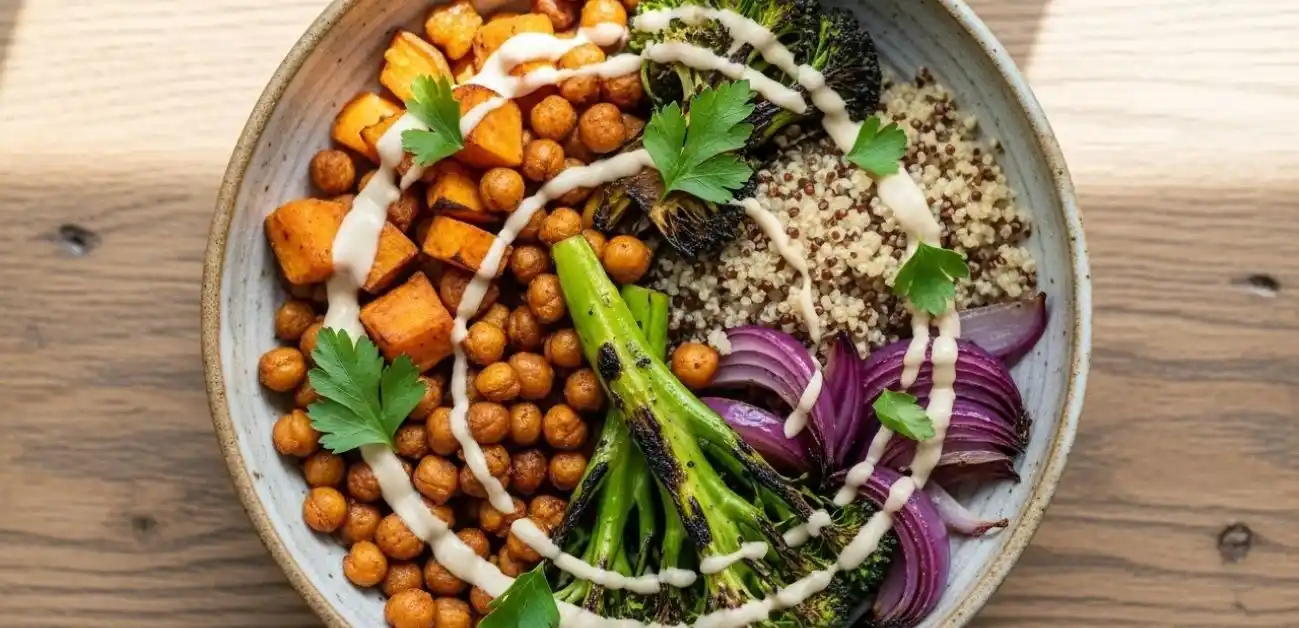 Vegetarian lunch bowl with roasted vegetables and chickpeas