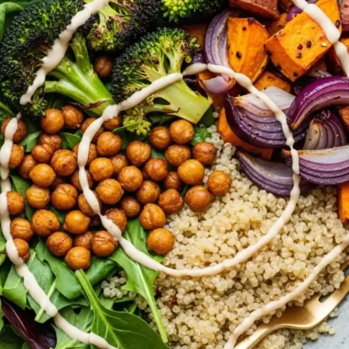 Served vegetarian lunch bowl with roasted vegetables