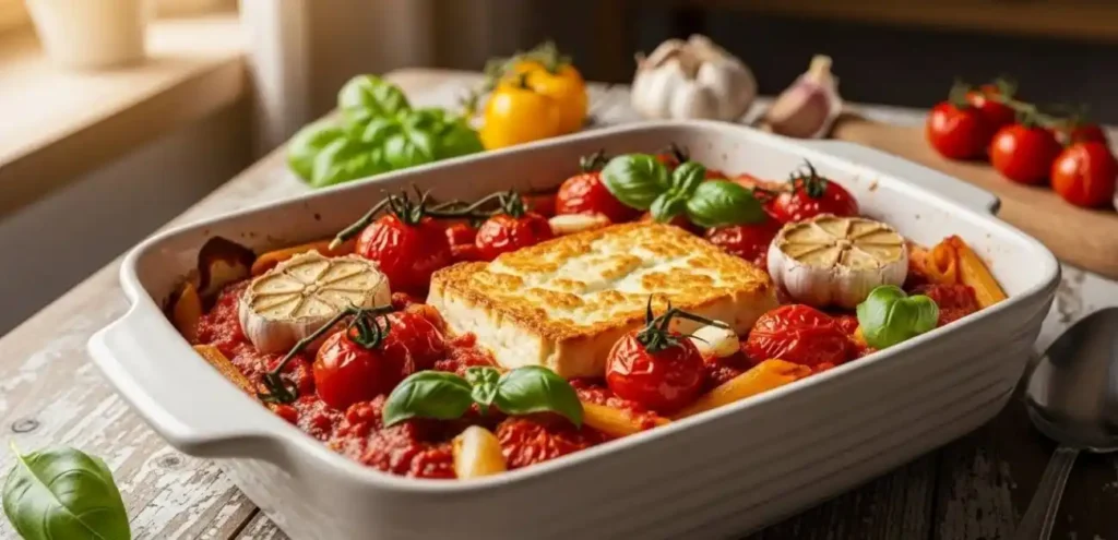Baked Feta Pasta Vegetarian Version Recipe in a white ceramic dish with cherry tomatoes and basil