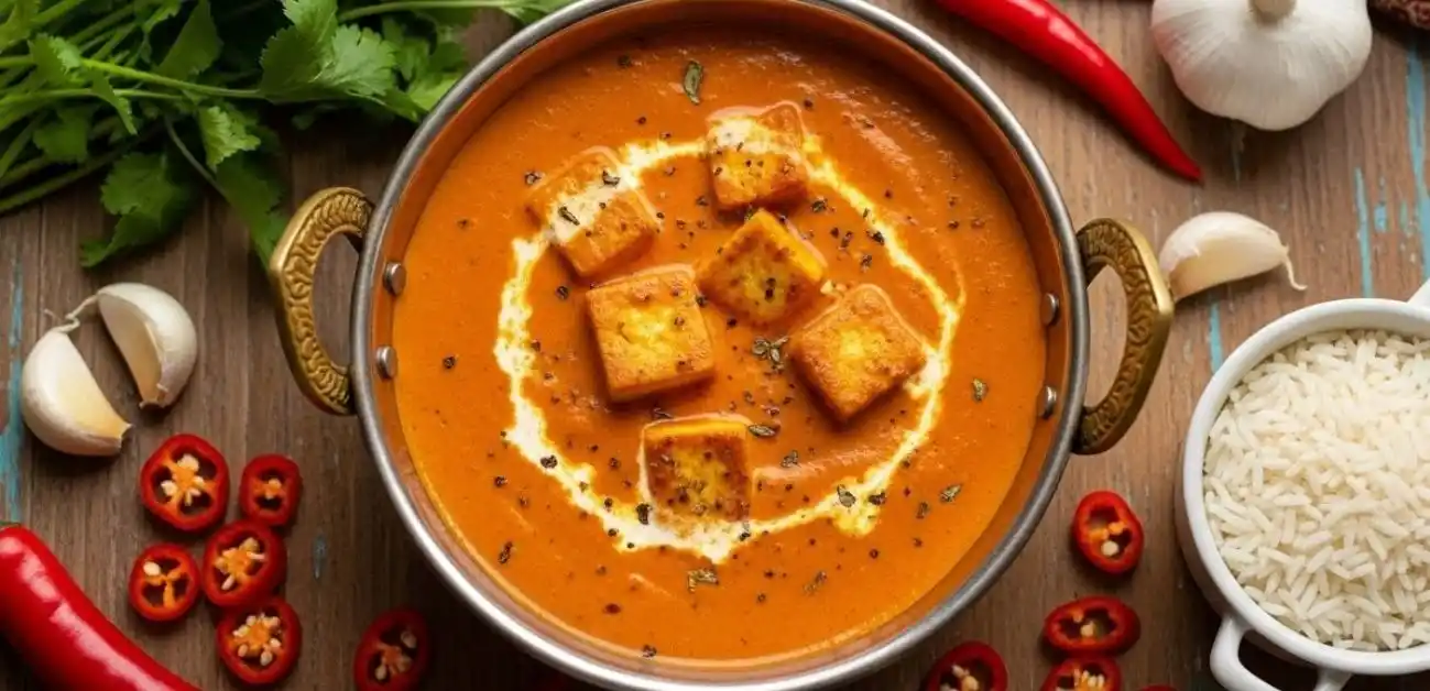 Vegetarian Tikka Masala Recipe with Tofu in Rustic Copper Bowl
