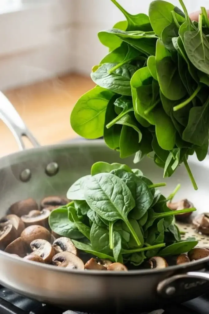 Fresh spinach wilting with mushrooms in a skillet for creamy pasta
