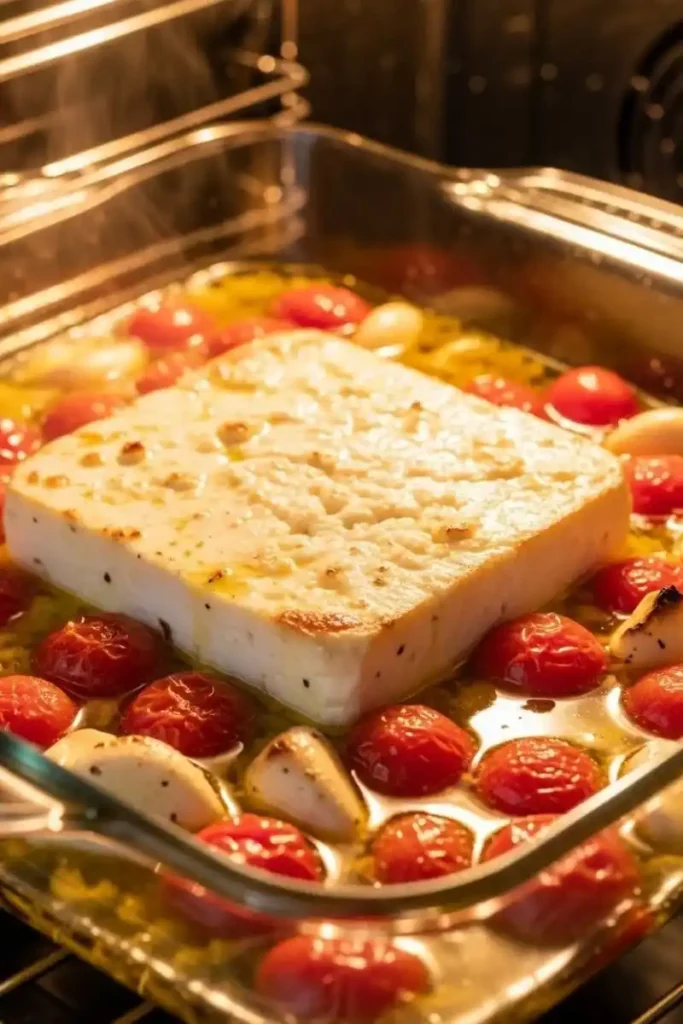 Feta and cherry tomatoes baking in oven for vegetarian feta pasta