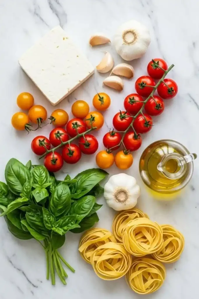 Ingredients for vegetarian baked feta pasta laid out on marble surface