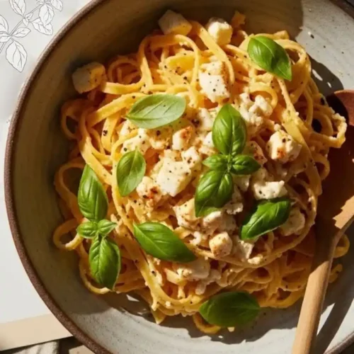 Recipe card next to a bowl of baked feta pasta with basil