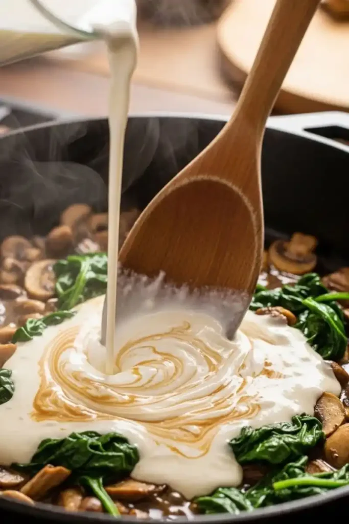 Creamy sauce added to spinach and mushroom pasta