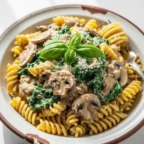 Creamy spinach and mushroom pasta vegetarian dinner