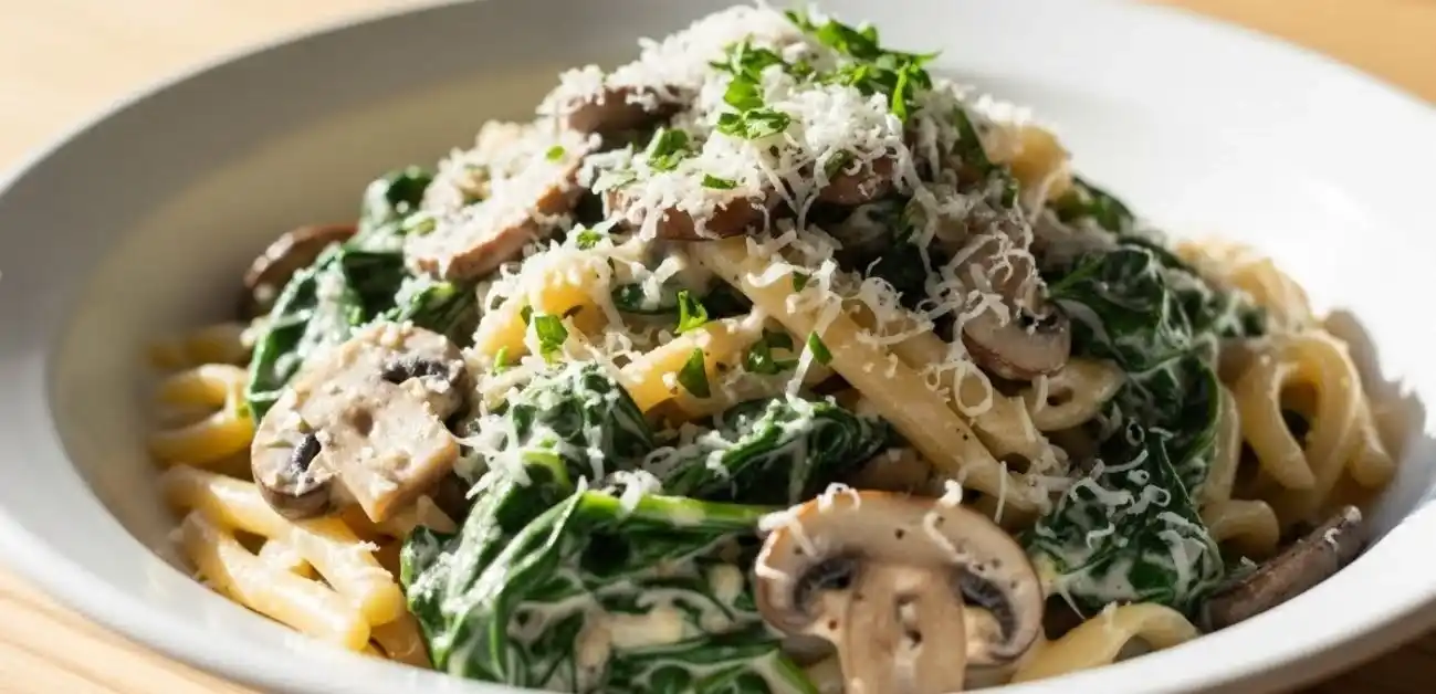 Creamy spinach and mushroom pasta recipe made with fresh spinach and sautéed mushrooms